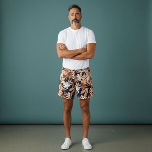 Onia Calder Men's Swim Trunks Navy Orange Leaf Print Size L